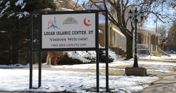 Logan Islamic Center sign with snow